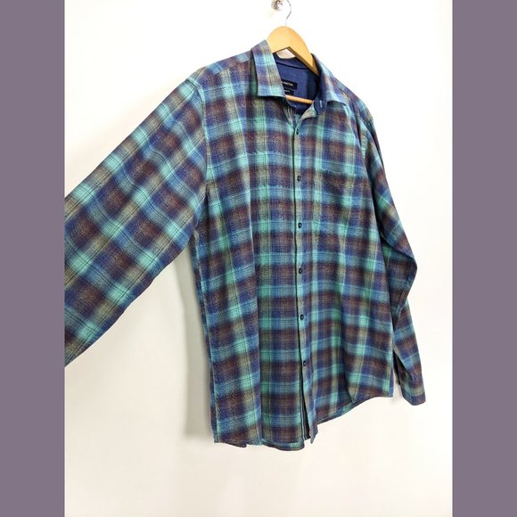 BUGATCHI Size L Mens 100% Cotton Plaid Button Down Dress Shirt in Blue Green - Picture 2 of 10